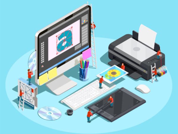 Graphic Designer Workspace Concept Graphic design isometric conceptual composition with workplace of designer and little people on computer printer and tablet vector illustration